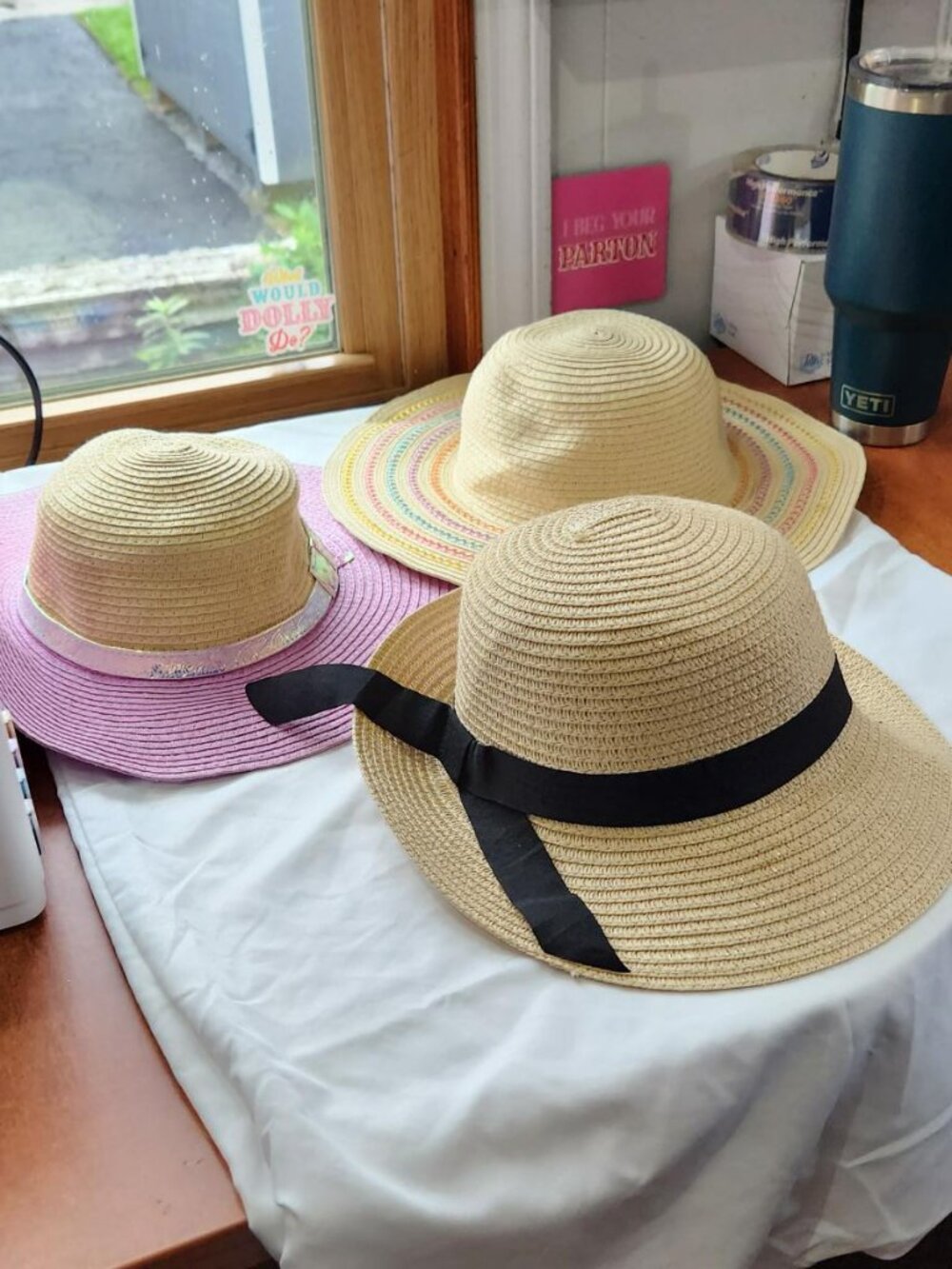 Girls Summer Sun Hat Bundle Lot of 3 Beach Hats Mermaid Rainbow Straw Hats